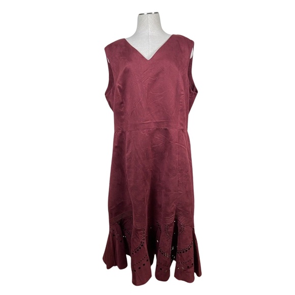 ASHRO Maroon Lined Velvet Midi Formal Casual Wear Dress Size 18W‎ Eyelet Design - Picture 1 of 6
